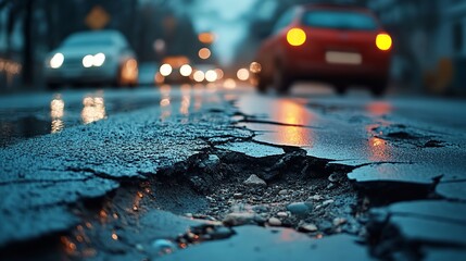 Cracked Asphalt Road with Cars, Evening City Traffic, Urban Repair Concept