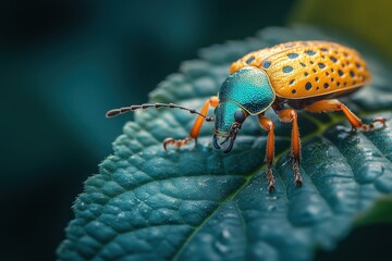 Fototapeta premium Vibrant beetle on a teal leaf. Close-up macro photography showcasing intricate details and vibrant colors.