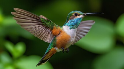 Obraz premium A vibrant hummingbird in flight, showcasing its iridescent plumage against a soft green background. Its wings are a blur of motion, capturing a fleeting moment of natural beauty.