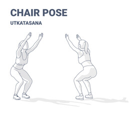Chair Pose (Utkatasana) Step-by-Step Exercise Guide Black and White Illustration