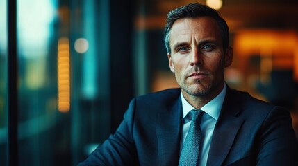 Fototapeta premium Cinematic portrait of a confident businessman in formal attire, sharp lighting, high-end corporate photography