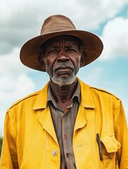 Fototapeta premium Portrait of a Stylish Elderly Man in a Yellow Jacket and Hat, Capturing Fashion and Character Against a Scenic Sky