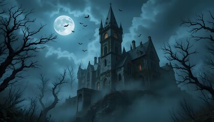 Haunted Castle at Night Full Moon Spooky Halloween Art