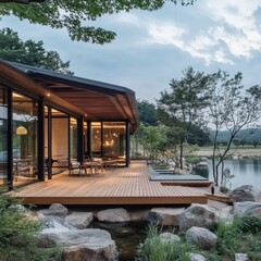 Modern building with wooden deck overlooking a lake