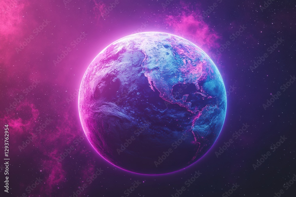 Poster planet earth glowing in space with purple and blue gradient color scheme