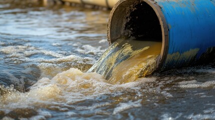 A steady stream of murky water gushes from the large blue pipe, swirling with sediment as it disperses into the surrounding environment.