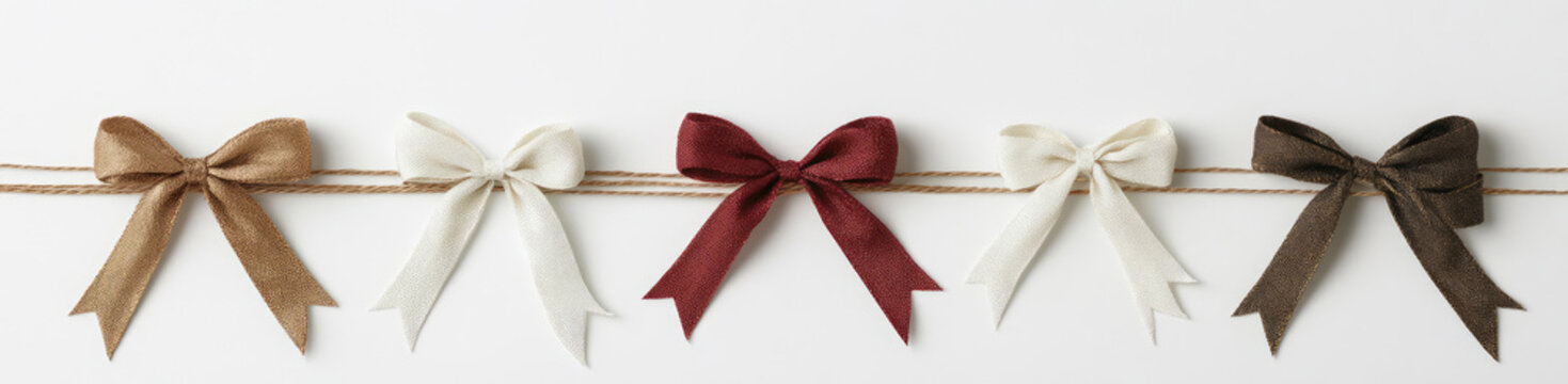 Set of strings with bows, mock-up for packaging and festive decor, isolated on a white background