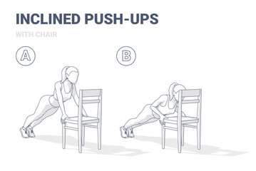 Inclined Push-Ups with Chair Step-by-Step Exercise Guide Black and White Illustration