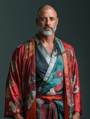 Obraz premium Stylish man in a vibrant, patterned kimono, exuding elegance and tradition; perfect for fashion lookbooks and cultural themes.