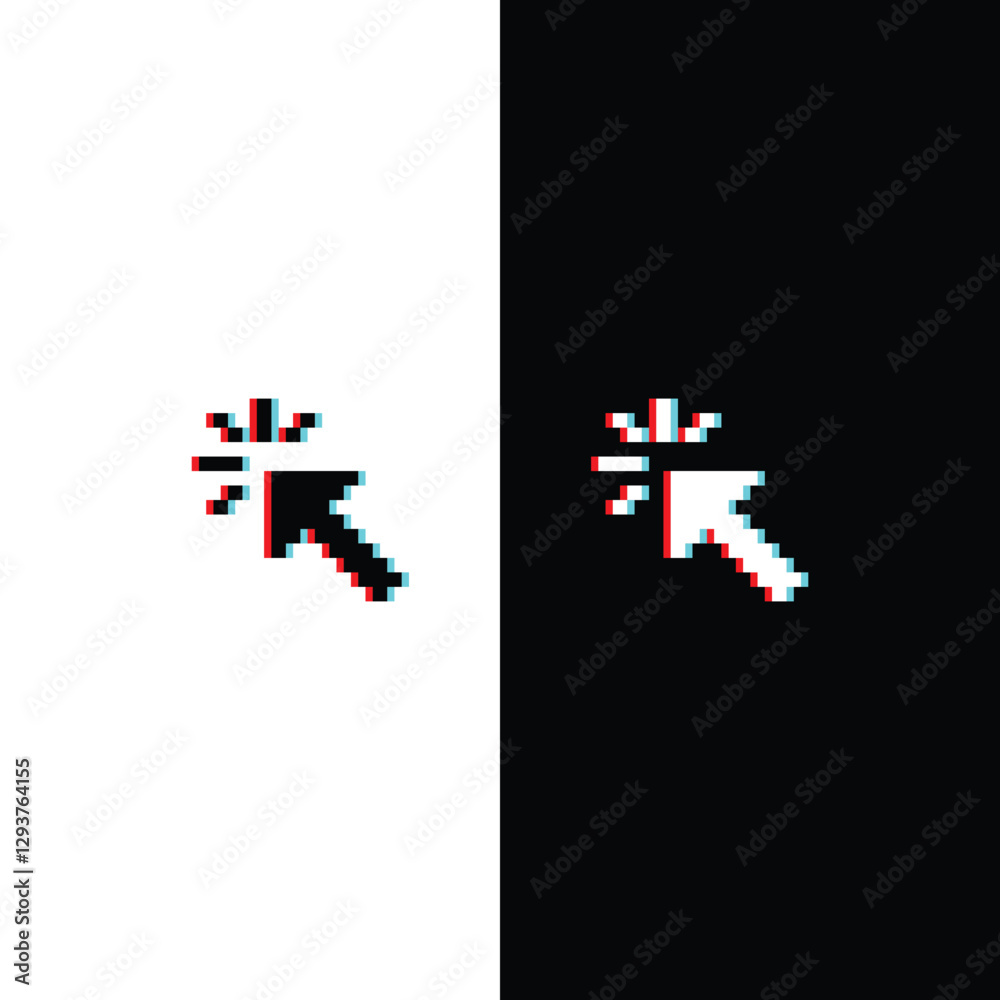 Poster glitch effect pixel arrow icon. vector pixel art cursor click 8 bit logo for game