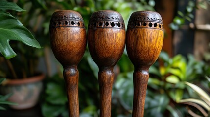 Three wooden rattles in a garden setting