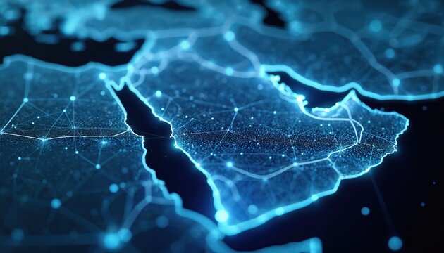 Abstract blue map of Saudi Arabia, Middle East, North Africa showing global network, data transfer, cyber technology, information exchange, telecommunication. Concept of connection, digital