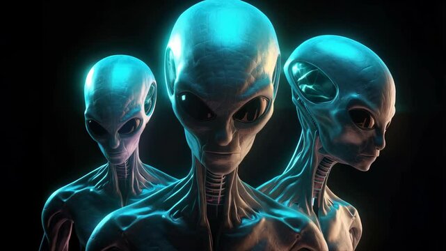 Portrait of three aliens or extraterrestrial creatures over black background