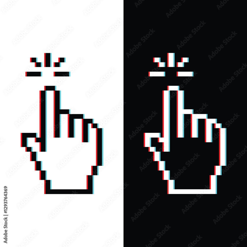 Fototapete glitch effect pixel hand icon.  Vector pixel art cursor click 8 bit logo for game