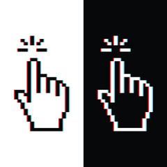 glitch effect pixel hand icon.  Vector pixel art cursor click 8 bit logo for game