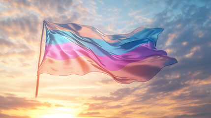 Transgender pride flag waving in the wind with vibrant blue, pink, and white stripes at sunset, representing the transgender community, equality, and gender identity.