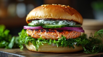 Artistically arranged professional studio photograph of an ultra-realistic gourmet seafood burger featuring grilled salmon patty, rich dill aioli sauce, fresh cucumber slices, leafy greens,