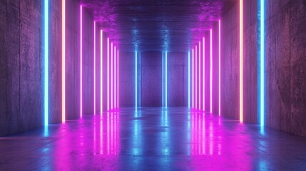 Futuristic Sci-Fi Modern Empty Stage Reflective Concrete Room With Purple And Blue Glowing Neon Tubes Shape Empty Space Wallpaper Background 3D Rendering Illustration