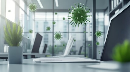 Fototapeta premium Viruses spread in modern office workspace environment.