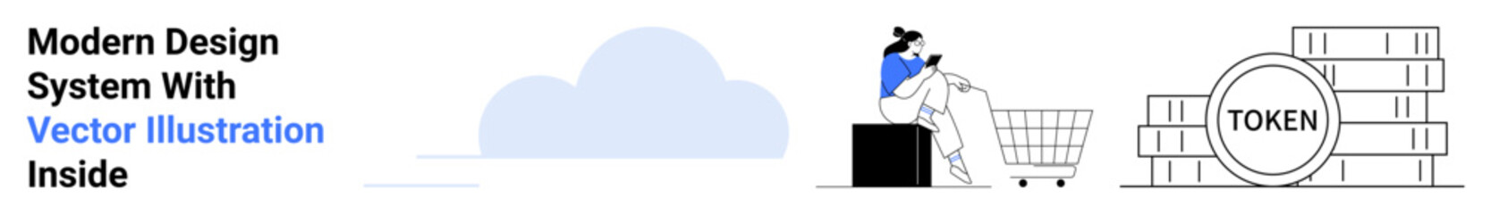 Person pushing shopping cart interacting with stacked tokens and cloud design. Ideal for e-commerce, online payment systems, blockchain, digital wallets, fintech, cloud storage, flat landing page