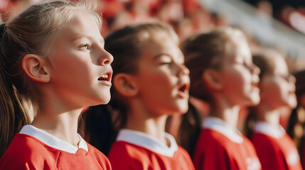 Fototapeta premium Group of kids in matching red uniforms passionately singing at a community event during a sunny afternoon