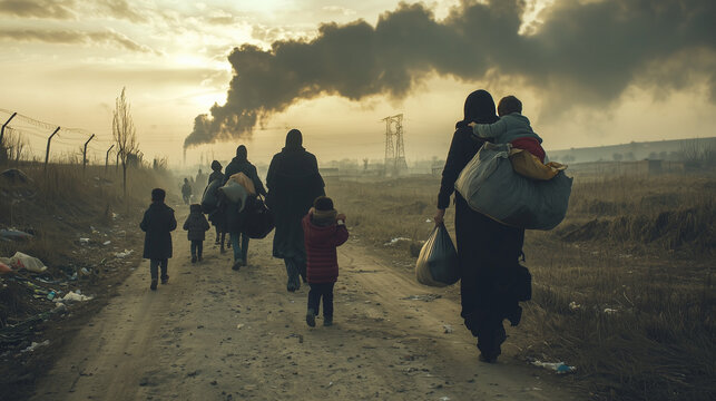 A group of refugees fleeing a war-torn city, carrying their belongings, children clinging to their parents, with smoke rising in the distance, capturing the desperation and chaos of conflict.