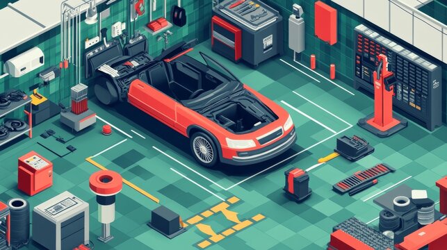 Car maintenance vehicles diagnostics repair service isometric flowchart green and red background poster with battery autolift wheel balancing vector illustration, realistic, real photography