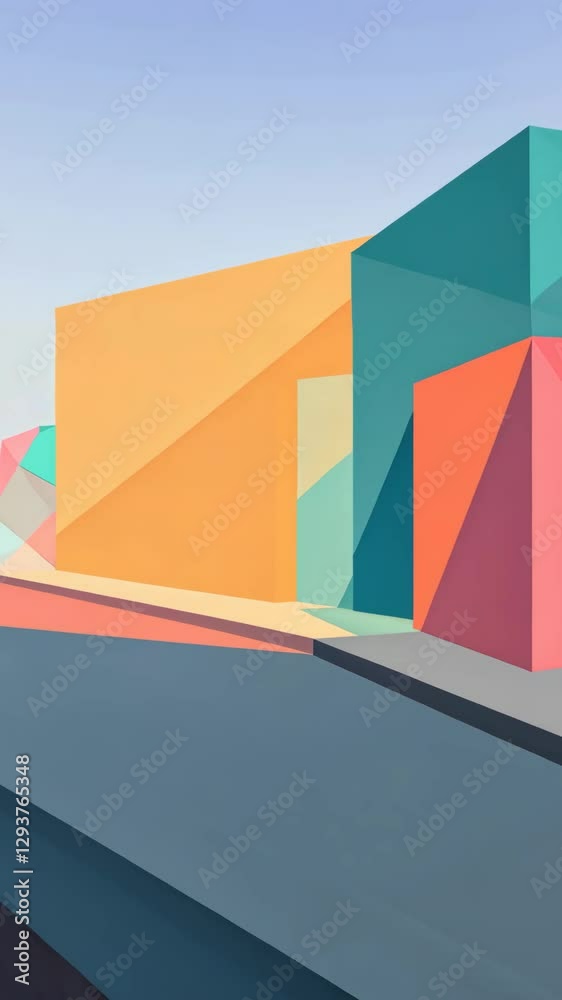Poster a colorful building with a blue door. the building is in the middle of a city. the building is surro