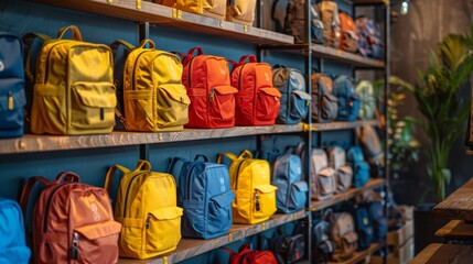 Fototapeta premium Various vibrant backpacks in multiple colors are organized on wooden shelves in a retail space. The atmosphere is bright and inviting, showcasing a trendy selection.