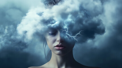 Surreal portrayal of a woman enveloped by a storm cloud suggesting inner turmoil and emotional depth during twilight