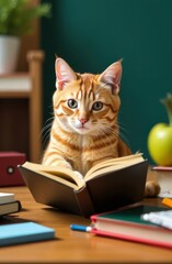Ginger kitten reading a book on a desk surrounded by school supplies. Back to school concept