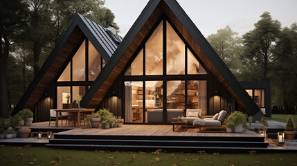 Obraz premium Maison d'architecture moderne, design scandinave, villa de luxe. Arrière-plan pour conception et création graphique. 