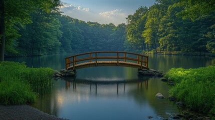 Fototapeta premium Serene Wooden Bridge Over Calm Lake in Lush Forest
