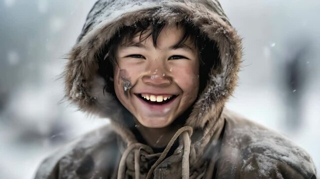 Indigenous Inuit boy from Alaska portrait under winter snow.