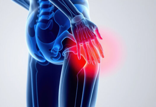 Primer plano 3D de la radiograf&iacute;a de la figura humana con dolor de cadera
