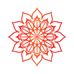 A striking mandala design with intricate geometric patterns in a vibrant orange-to-red gradient on a deep black background, representing energy, harmony, and spiritual balance.