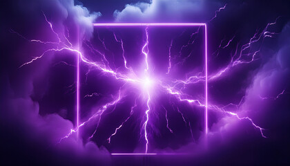 Powerful electrical current energy. Flash of lightning in a magic purple mockup frame. Neon purple discharge in smoke background effect.