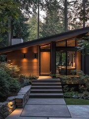 A modern home features an inviting entryway surrounded by nature