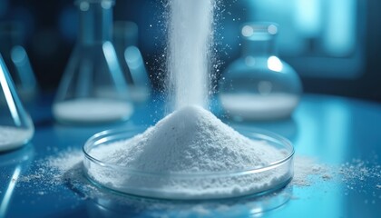 Laboratory research with white powder substance in beaker, petri dish. Chemical experiment, scientific analysis. Pharmaceutical compound research, material investigation. Substance sample, test,