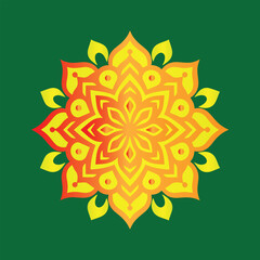 A striking mandala design with intricate geometric patterns in a vibrant orange-to-red gradient on a deep black background, representing energy, harmony, and spiritual balance.