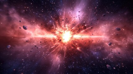 Naklejka premium Intense Cosmic Battle in Deep Space with Explosive Energy and Celestial Debris Presenting Chaos