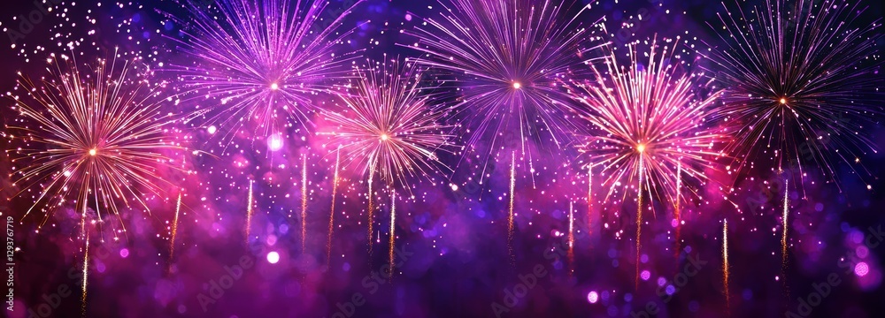 Poster Fireworks exploding, illuminating night sky with purple and red colors, creating enchanting atmosphere