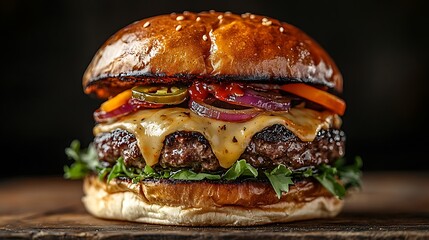 Beautifully styled rustic bison burger photographed professionally in studio, detailed pepper jack cheese melting over a juicy patty, grilled onions, fresh jalape&ntilde;os, smoky sauce, greens, artisan bun,