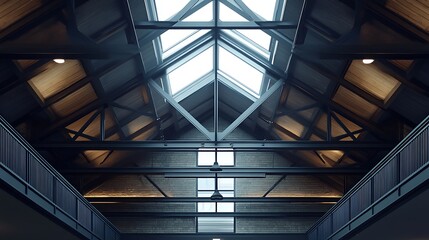 Fototapeta premium Viewing a Skylight in the Attic Conversion with Exposed Wood Beams