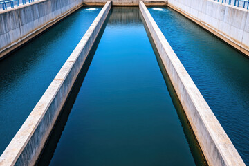 Obraz premium Aerial view of two parallel channels filled with blue water, surrounded by concrete walls, creating a serene and organized appearance.