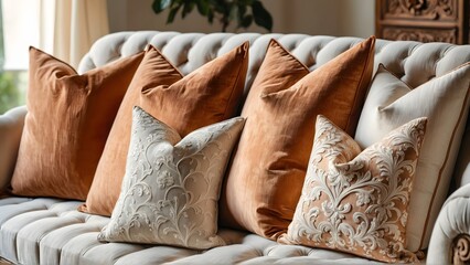 Cozy bedroom with pillows on the bed and sofa in a stylish interior