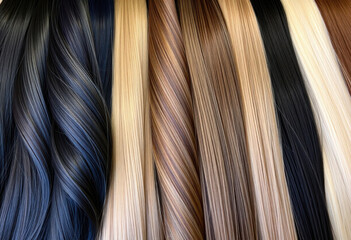 Mechones de cabello largo en diferentes colores como muestras para extensiones 