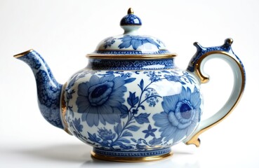 Classic porcelain teapot with floral pattern isolated on white background. Elegant ceramic design for tea ceremony, vintage kitchen decor. Luxury tableware, gold ornament, traditional style. Antique