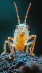 Fototapeta premium Close-up of a tiny insect with vibrant orange antennae and a speckled body, perched on a dark surface.