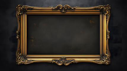 Elegant gold ornate picture frame on dark background, perfect for adding your own design or image.  Blank template for presentations or announcements.
